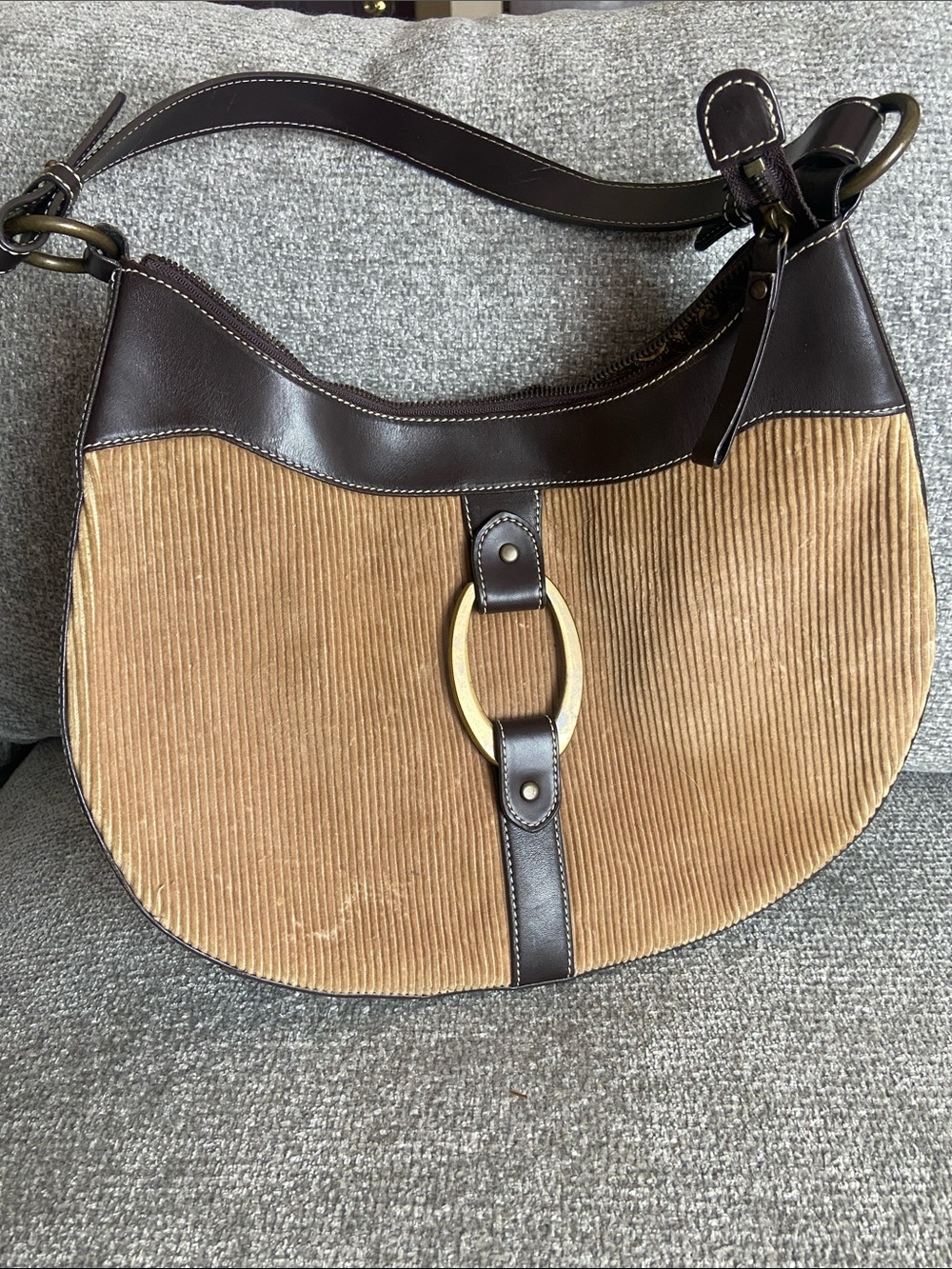 Maxx New York Tan Corduroy and Dark Brown Leather Shoulder Bag